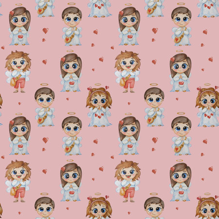 Childrens collection of seamless patterns. Cute beautiful angels kids - girls and boys with wings and a halo on a pink background with hearts. Watercolor. Hand drawing for decor, textiles, wallpaperの写真素材