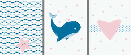 Postcards with a marine pattern and animals. Cute big blue whale with a crown and a starfish with a heart on decorative background with waves and stars. Vector. For design, decor, print, postcardsの写真素材