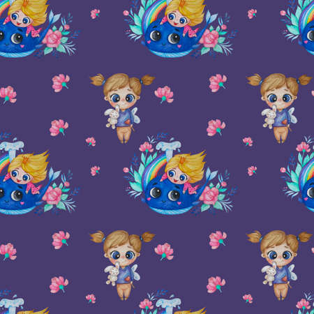 Seamless patterns. A cute little princess swims on a blue whale with a rainbow and a fairy girl with a bunny in her hands on a purple background with a floral pattern. Watercolor. kids collectionの写真素材