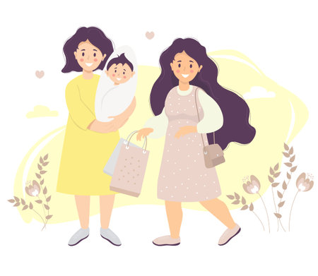 Motherhood. Mom in a dress holds a newborn son in her arms. Next to her is a girl with long hair and packages in her hands against a background of plants. Vector illustration. Happy female lgbt familyのイラスト素材