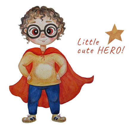 Bright cute fat super boy with glasses and curly hair in a super hero costume in a long red cloak. Stands confidently, hands on hips. Watercolor. Poster With text - Little cute hero. Kids collectionのイラスト素材