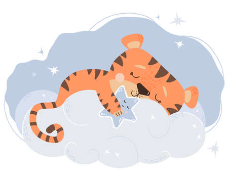 A cute tiger cub sleeps on a starry gentle blue cloud. 2022 - Year of the Tiger in Chinese or oriental. Vector illustration. Baby animal concept for nursery, design, decoration, postcards and printsのイラスト素材