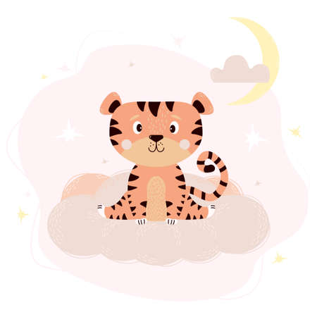 Cute tiger cub sits on gentle pink cloud against the background of the starry sky with the moon. Vector illustration. Animal for kids collection, design, nursery, decor, postcards. Scandinavian styleのイラスト素材