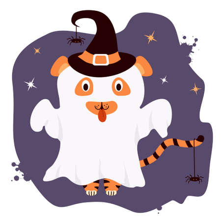 Scary Wild Animal - Tiger for Halloween. The character is a ghost in white, wearing a witchs hat and spiders on purple background with stars. Tiger symbol of the new year 2022. Vector illustrationのイラスト素材