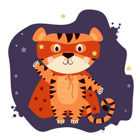 Cute tiger magic superhero. A character in a mask and a red cloak waving his paw on a purple background with stars. Tiger symbol of the new year 2022. Vector illustrationのイラスト素材