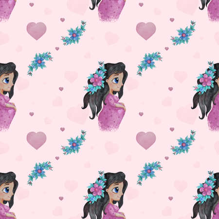 Seamless patterns. A cute pregnant girl in profile with long dark hair in a pink dress hands gently on her stomach on a light pink background with blue flowers and hearts. Watercolor. Hand drawingのイラスト素材