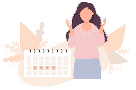girl looking at calendar. Beautiful Girl relaxes next to her menstruation calendar. Vector illustration. Concept menstruation girl And womens healthのイラスト素材