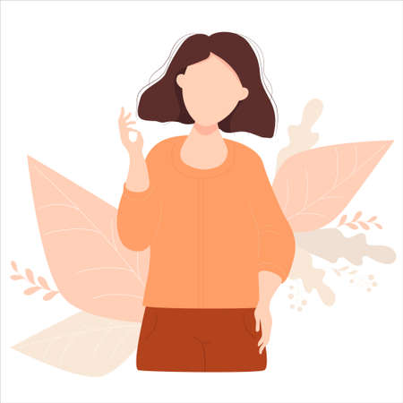 Beautiful brunette girl with a hairstyle with a raised hand counts on the fingers. Vector illustration. Cute character feminine conceptのイラスト素材