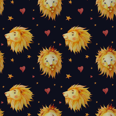 Seamless patterns. Portrait of lions with mane on black background with stars and hearts. Watercolor. Illustration Hand drawing for design, decor, textiles, wallpaper, packaging, childrens collectionのイラスト素材