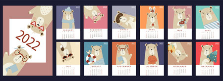Annual design calendar for 2022.set of 12 pages and a cover with a cute bear in English. Vector...