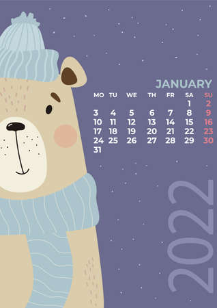 January 2022 calendar. Cute winter bear in a hat and scarf on a bright background. Vector illustration in flat style. Vertical Template. Week from Monday In English. Stationery for design and printingのイラスト素材