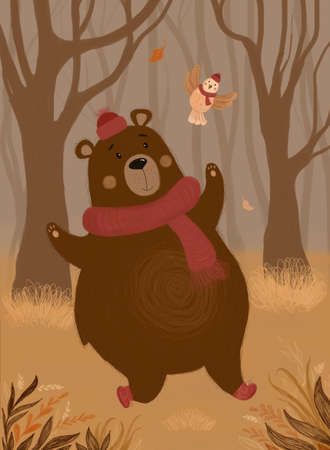 Autumn landscape. Cute bear in a hat and scarf with a bird in the forest. Raster illustration. Vectical Hand drawing For decor, kids collection, interior design, posters, cards and printのイラスト素材