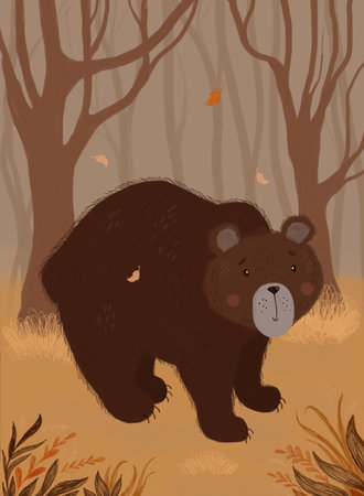 Cute brown bear in the autumn forest. Autumn landscape. Raster illustration. Vectical hand drawing...