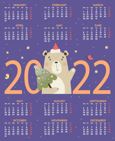 Calendar for 2022. Cute Santa bear with Christmas tree. Vector illustration. Vertical calendar template A3 for 12 months in English. Week starts From Monday. Stationery, printing, organizer, decorのイラスト素材