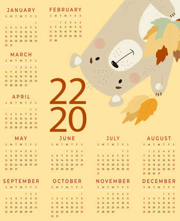 Annual Calendar for 2022. Cute bear with autumn leaves on a yellow background. Vector illustration. Vertical calendar template A3 for 12 months in English. Week starts on Sunday. Stationery, decorのイラスト素材