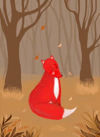 Cute red fox sit in the autumn forest. Autumn landscape. Raster illustration. Vertical hand drawing For decor, childrens collection, interior design, posters, cards, decoration and printのイラスト素材