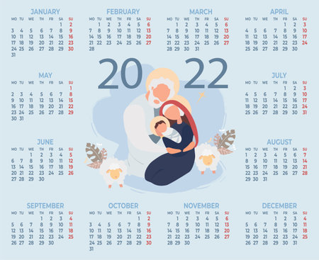 2022. Calendar Merry Christmas. Holy Family Virgin Mary and Joseph. birth of the baby Savior Jesus Christ. Vector illustration. horizontal template A3 for 12 months in English. Week starts on Mondayのイラスト素材