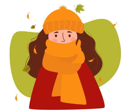 Portrait of a frozen autumn girl. A woman, in a hat and wrapped up to her nose in a warm scarf on a background with autumn leaves. Vector illustration. Character in flat style for autumn design, decorのイラスト素材