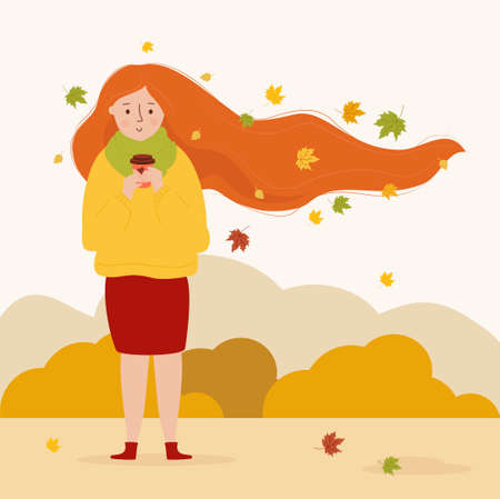 Autumn time. The red-haired girl with autumn leaves in long developing hair drinks coffee on the autumn nature. square Vector illustration. Character in autumn landscape for design, decor, postersのイラスト素材