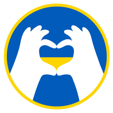 Ukrainian symbol. Hand gesture making heart symbol. Inside is a yellow-blue heart. Colors of the Ukrainian flag. Vector illustration. concept for Ukraine Independence Day, design, declaration of loveのイラスト素材