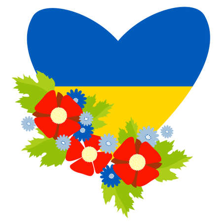 Ukrainian symbol. A large yellow-blue heart in a flower bouquet of red poppies and blue cornflowers. Colors of the Ukrainian flag. Vector illustration. For design and decorationのイラスト素材
