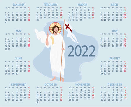2022. Annual Religious Calendar with Jesus Christ the Savior on a blue background. Vector illustration. Horizontal template for 12 months in English. Week starts on Mondayのイラスト素材