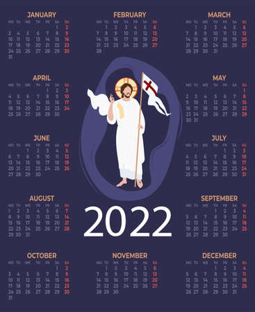 2022. Annual religious calendar with Jesus Christ the Savior Resurrection. Vector illustration. Vertical template for 12 months in English On blue background. Week starts on Monday. Religious conceptのイラスト素材