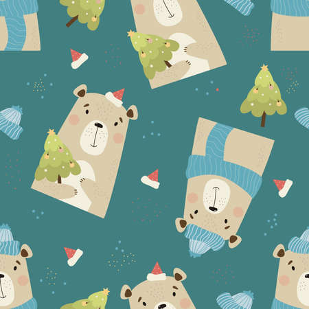Seamless pattern with cute Christmas bears. Funny animals in winter clothes, a Santa hat and with Christmas tree on an emerald background. Vector illustration for design, decor, textile and wallpaperのイラスト素材