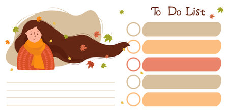 To do list. Fall affairs planner. girl with flowing hair and autumn leaves with list of notes. Vector. note paper, organizer, Day planning, time management. Flat illustration on white backgroundのイラスト素材