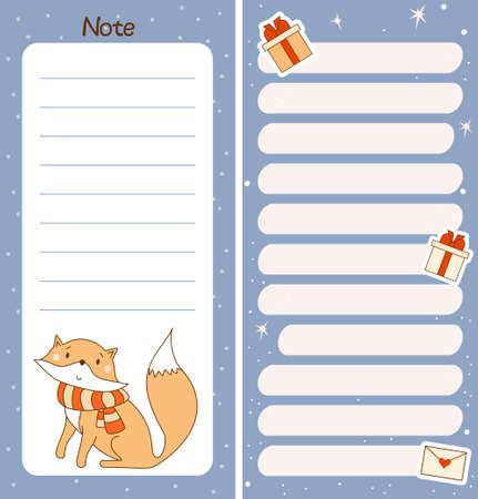 Collection of weekly or daily planner, note paper, to do list, stickers templates Merry Christmas decorated by cute winter fox With gifts On blue background. Vector illustration. Vertical templatesのイラスト素材