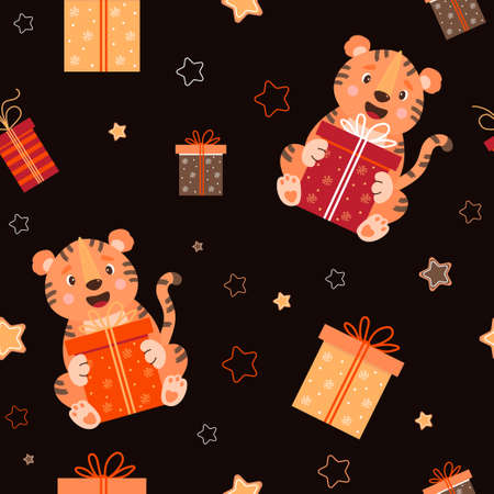 Seamless pattern with tigers. cute striped animal sits with a big gift on black background with stars and boxes of gifts. Vector illustration for decor, textile, wallpaper, print and New Years designのイラスト素材