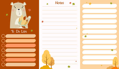 Autumn planner organizer with cute bear with autumn leaves Against the background with an autumn landscape. A set of vertical templates - To-do list and notes. Vector illustrationのイラスト素材