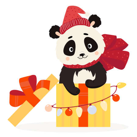 Cute panda in Santa hat in gift box. Christmas gift with large bow and New Years garland. Vector illustration. For New Years cards, childrens collection, printing and decorのイラスト素材