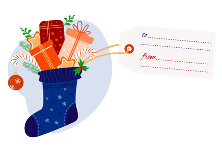 Christmas card tag. Christmas sock with gifts, gingerbread, striped caramel, Christmas balls and greeting card. Vector illustration. For New Years cards, printing, decor and childrens collection.のイラスト素材