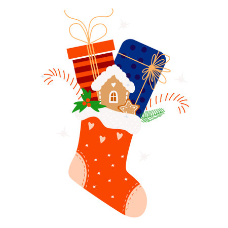 Red Christmas stocking with gifts. Gingerbread house and caramel striped candies with fir branches with New Years mistletoe. Vector illustration. For New Year greeting cards, congratulations, print.のイラスト素材