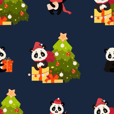 Seamless patterns with Christmas bear. Cute panda with gift and Christmas tree in Santa hat on dark blue background. Vector illustration.のイラスト素材
