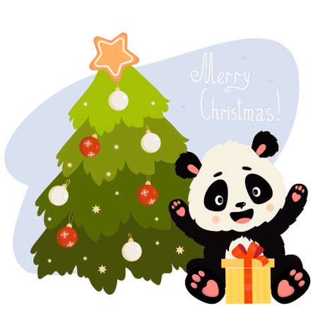 Christmas card. Cute panda with gift and Christmas tree with Christmas balls. Vector illustration. Beautiful Christmas animal for holiday decor and cards, prints and postersのイラスト素材