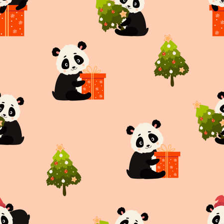 Seamless pattern. Cute panda with big gift and Christmas tree on pink background. Vector illustration.のイラスト素材