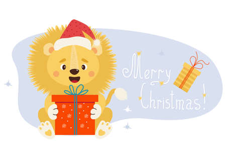 cute lion in Santa hat with big gift and inscription Merry Christmas. Vector illustration. For greeting cards, prints, posters, design and decor, new year character for kids collectionのイラスト素材