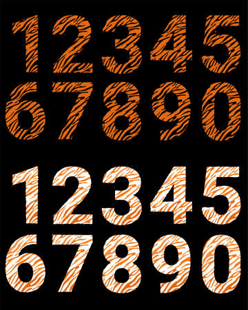 Set of numbers with a tiger pattern. Decorative striped numbers from 0 to 9 on black background. Vector illustration. Isolated elements for design and decorationのイラスト素材