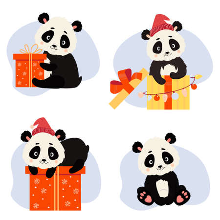 Cute panda bears. Collection of Christmas animals with gifts and boxes. Set of vector illustrations in cartoon style. For greeting cards and decor, print and kids collection. Isolated charactersのイラスト素材