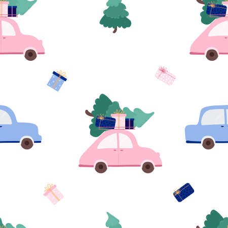 Seamless pattern. Cute cars with Christmas tree and gifts on white background With boxes gifts. Vector illustration. Hand drawing for New Year and Christmas decor and design, print and decorationのイラスト素材