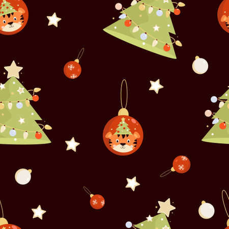 Seamless patterns. New Years tiger and Christmas tree with balls and garlands on black background with stars and Christmas toys. Vector illustration. For decor, design, print, packaging, wallpaperのイラスト素材