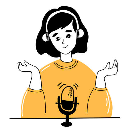 Podcast concept. Cute girl with haircut in headphones. podcaster speaks into microphone and records. Vector illustration in hand drawn doodle style. For thematic decoration, design and printingのイラスト素材