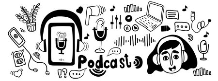 Podcast sketch concept. Girl in headphones and badges, podcaster speaks into microphone. Set of podcasts symbols, about podcasting in hand drawn doodle style. Vector illustration. isolated elementsのイラスト素材