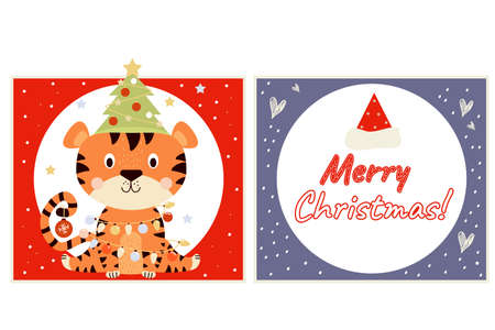 Christmas cards. Cute tiger with Christmas tree, toys and garland. Vector illustration with text Merry Christmas. New year square card with cute animal.のイラスト素材