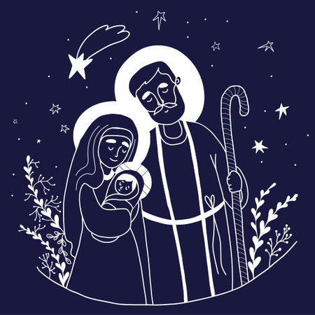 Holy Family Virgin Mary, old man Joseph and baby Jesus. Nativity of Jesus Christ. Vector illustration. white Linear chalk drawing on blue background, outline. Merry Christmas greeting decorative card.のイラスト素材
