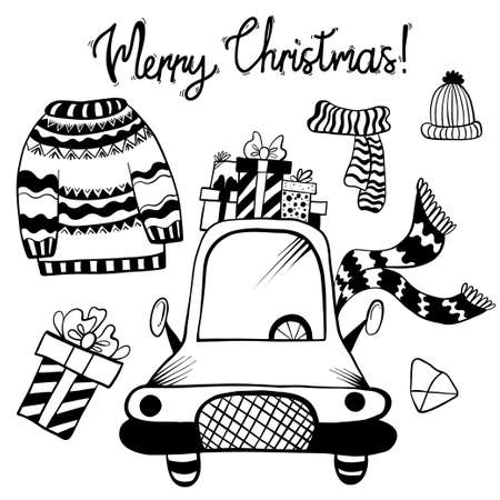 Christmas set of hand drawn doodles. New Years car with gifts, box, winter knitted clothes and Christmas sweater. Vector illustration. Graphic black sketch for holiday design, decor, cards and print.のイラスト素材