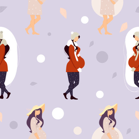 Seamless pattern with pregnant girls. Happy women in winter and summer clothes on light purple background. Vector illustration. Maternity and female health conceptのイラスト素材