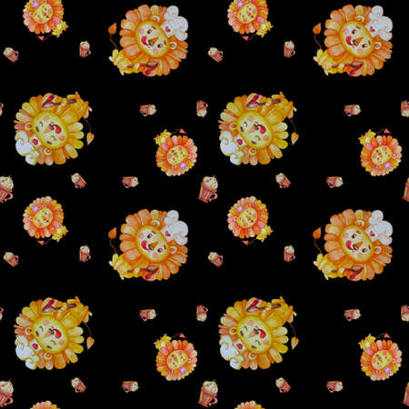 Seamless pattern with cute animals. Lion chef in chefs hat, with a spoon and a drop of jam licks his lips with pleasure on black background. Watercolor. Illustration for design, decor, kids collectionのイラスト素材